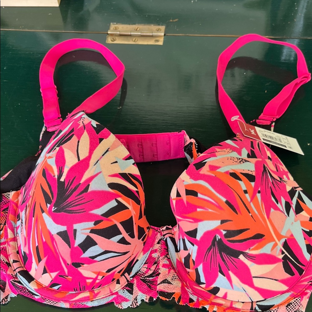 No Boundaries Pink and Orange Tropical Print Bra
